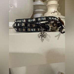 Long Wrap Around Beaded and Leather Bracelet with Charms